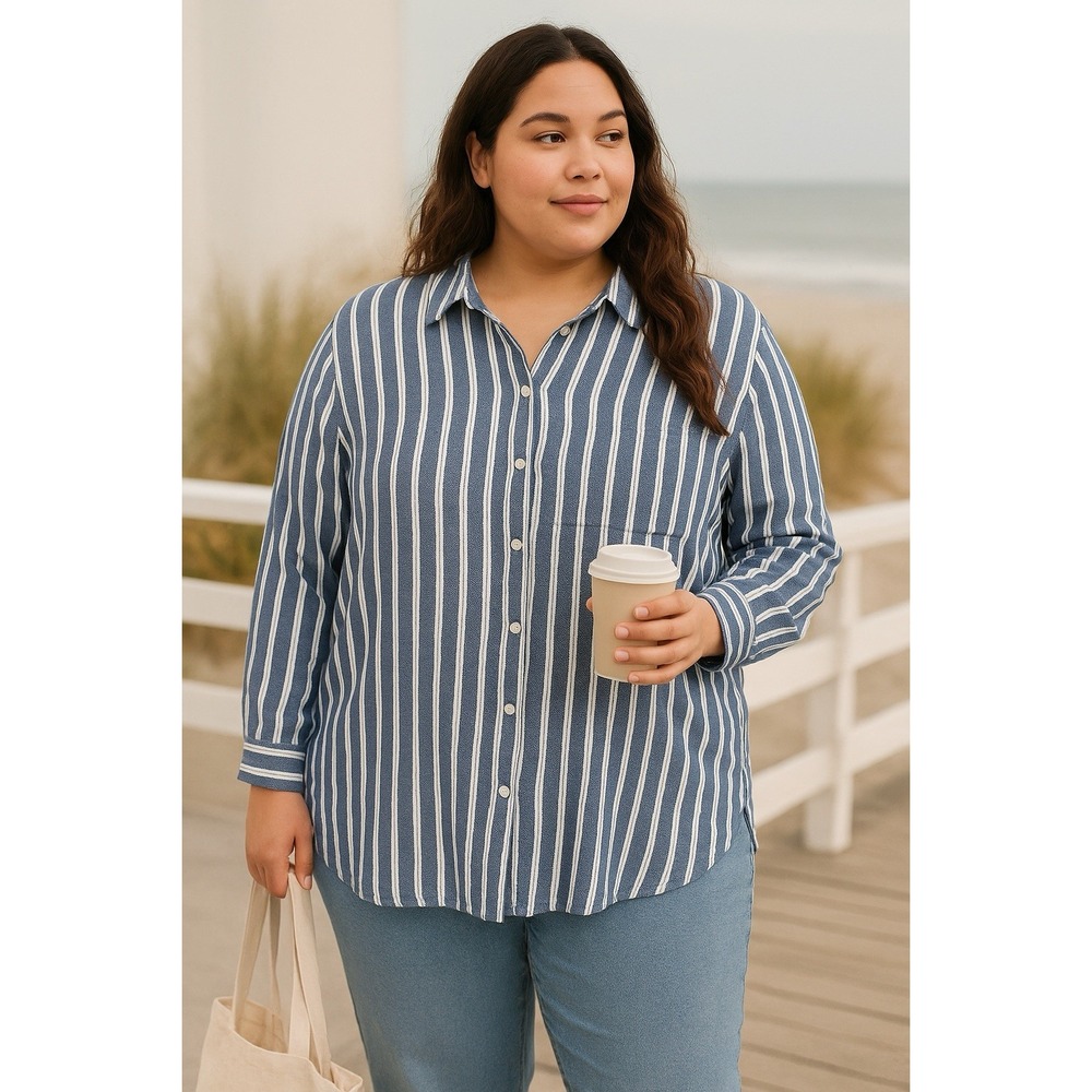 Como Blu Shirt Womens 3X Blue Stripe Button Down Classic Preppy Casual Top